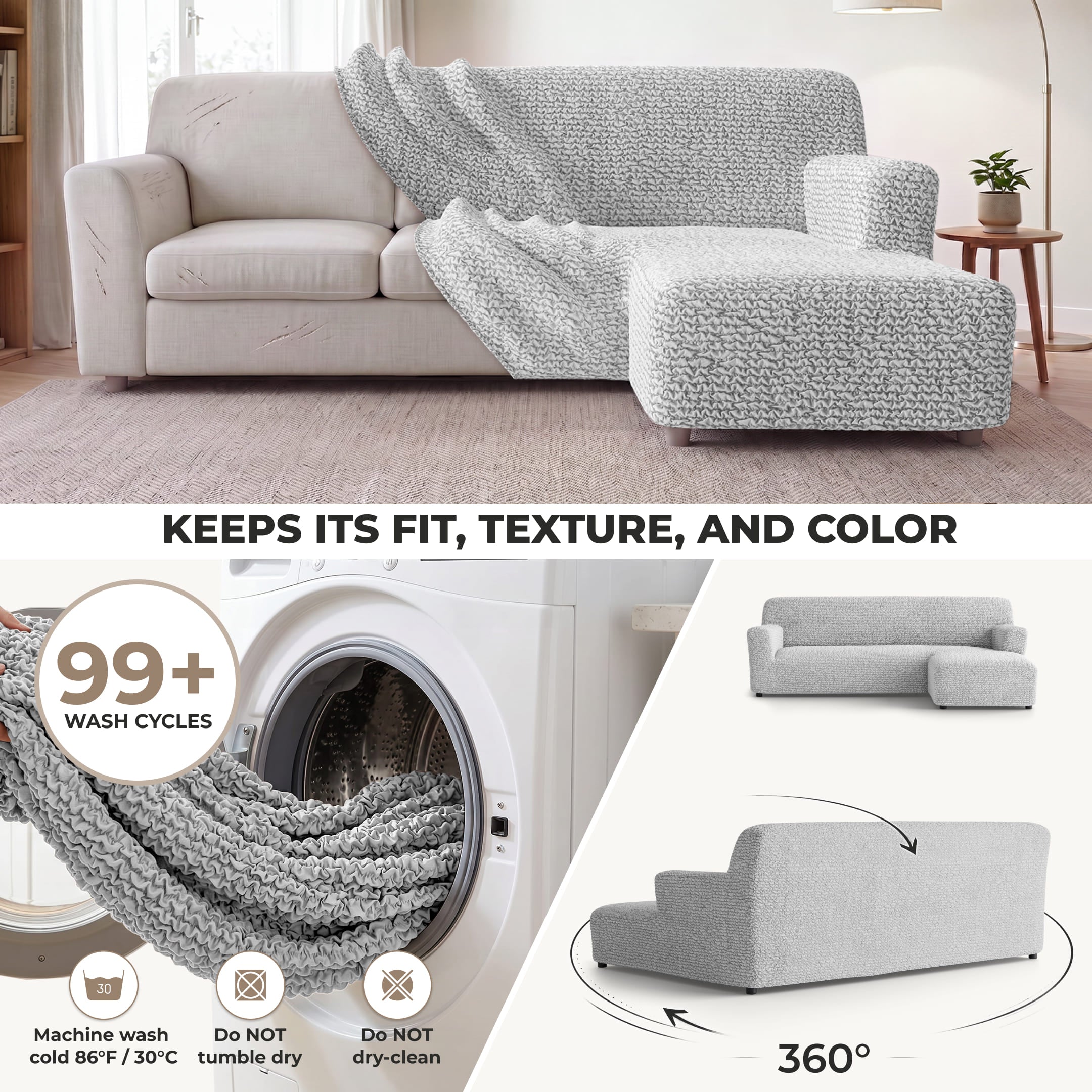 L-Shaped Sofa Slipcover (Right Chaise), Comfort Collection – Light Grey, detail view | Light Grey