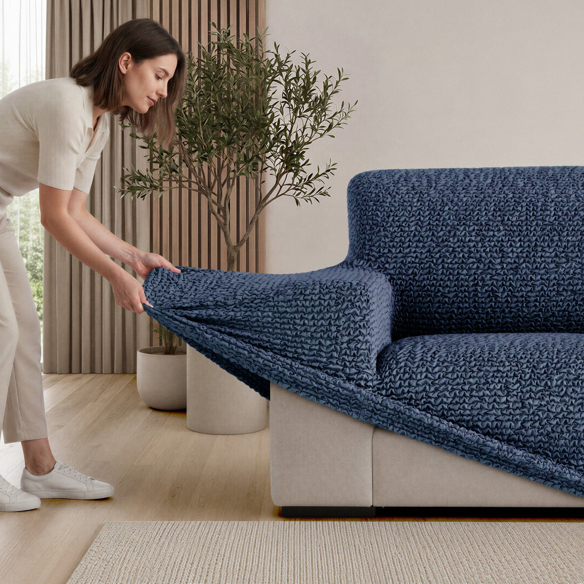 Sofa 4 Seater Slipcover, Comfort Collection – Navy Blue, installation view | Navy Blue