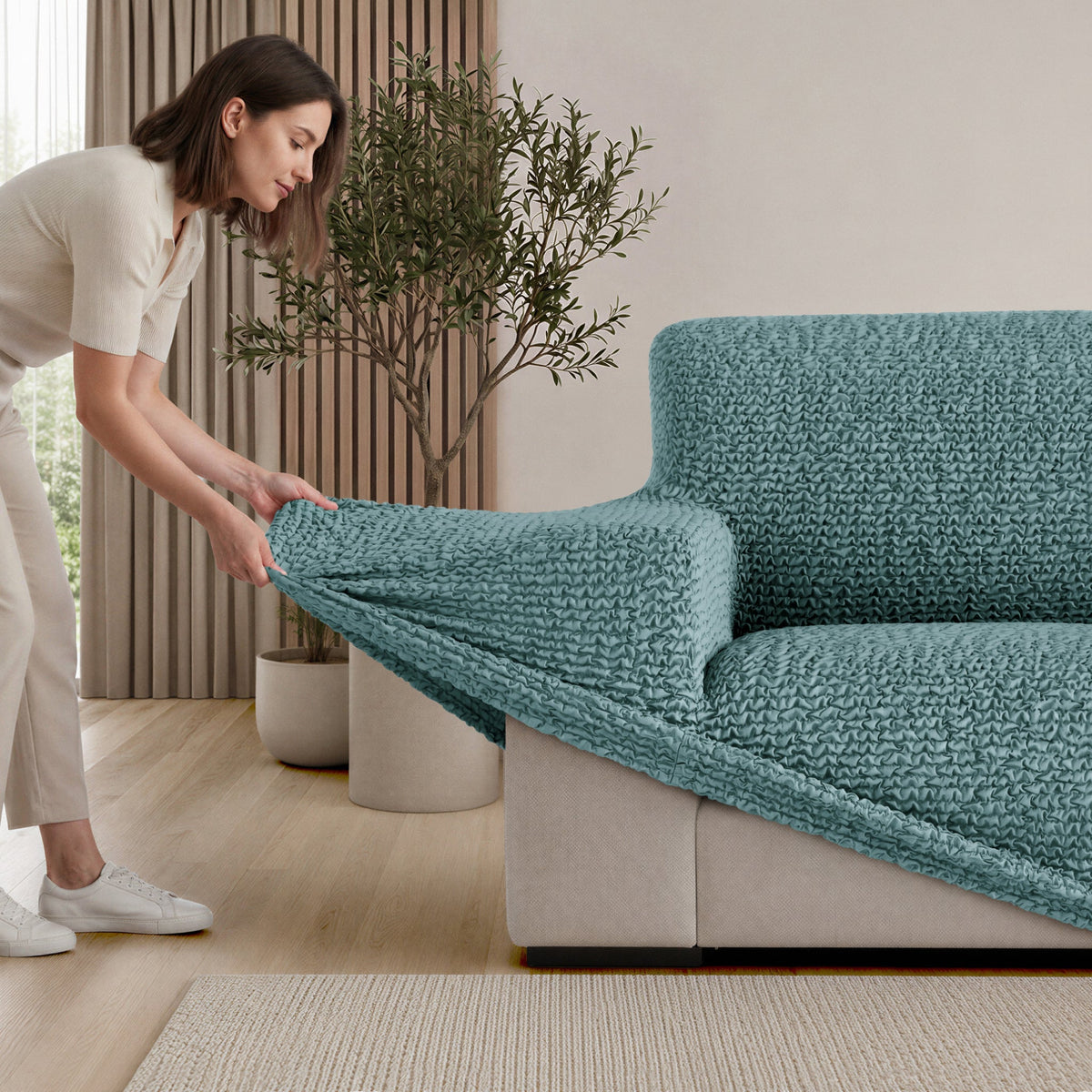 Sofa 4 Seater Slipcover, Comfort Collection – Teal, installation view | Teal