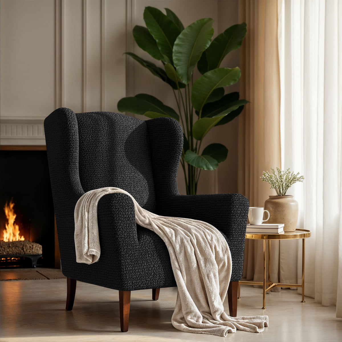 Wingback Chair Slipcover, Comfort Collection – Black, interior view 1 | Black