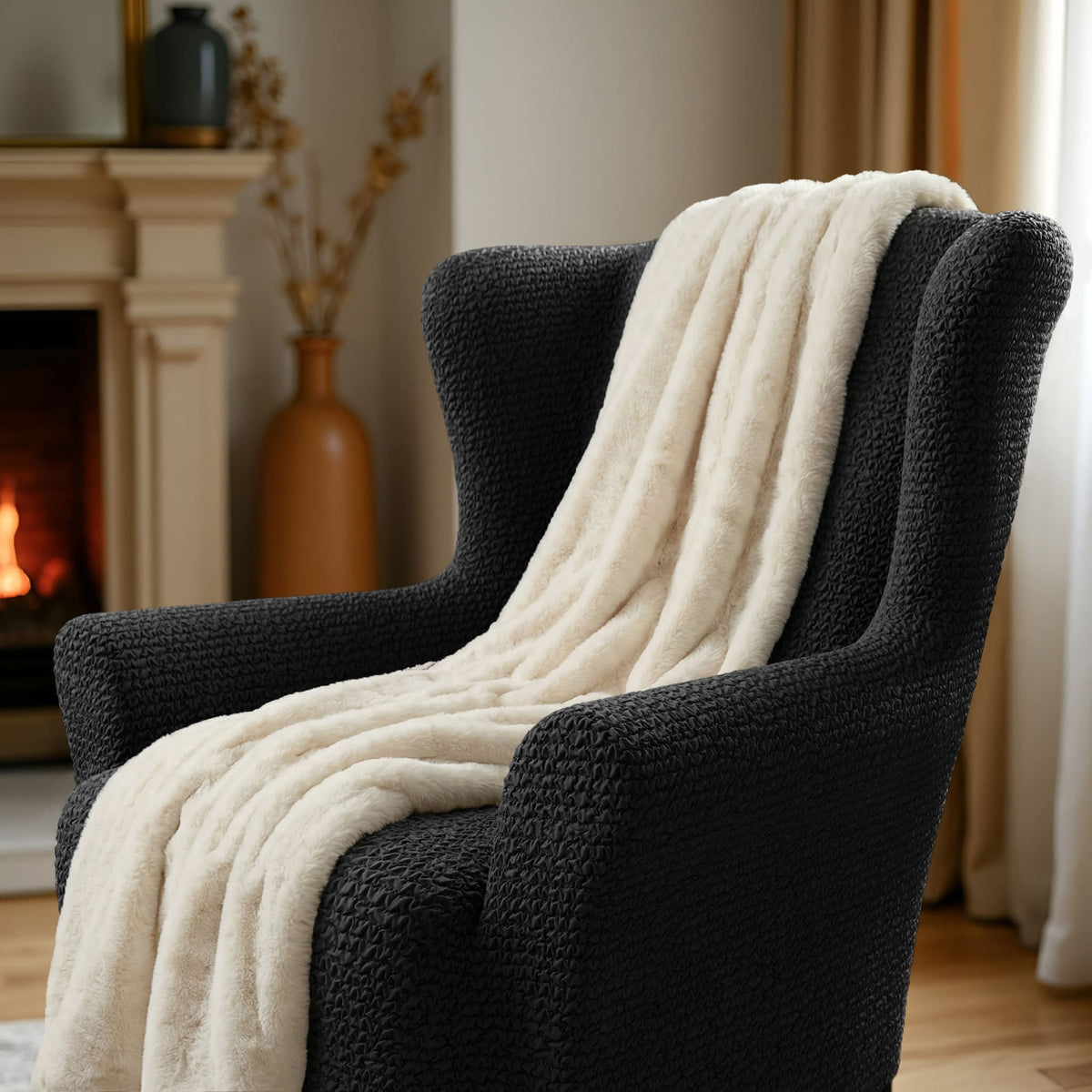 Wingback Chair Slipcover, Comfort Collection – Black, interior view 2 | Black