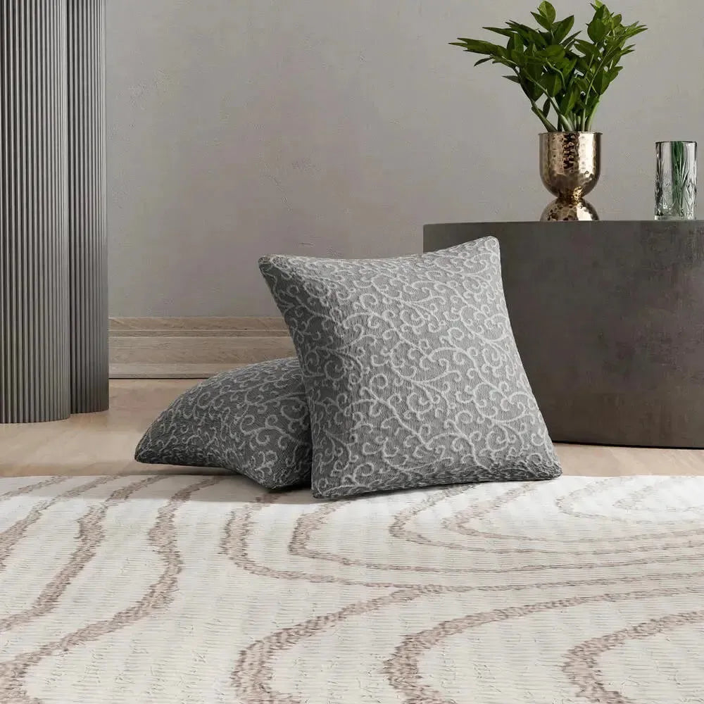 Grey Arabesco Pillow Slipcovers 2 Pcs Set (18x18 in), Jacquard 3D Collection