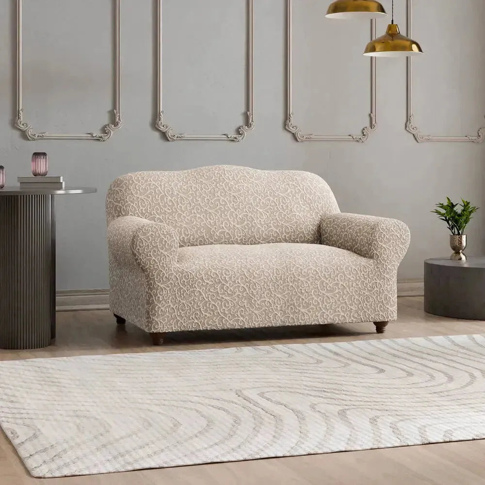 Beige Arabesco Loveseat 2 Seater Slipcover, Jacquard 3D Collection