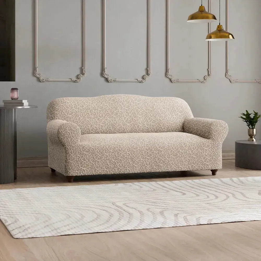 Beige Arabesco Sofa 3 Seater Slipcover, Jacquard 3D Collection