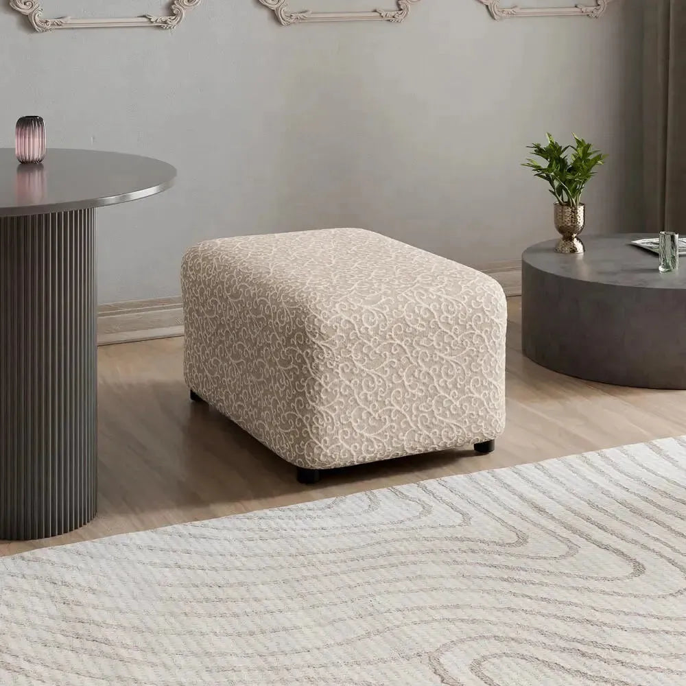 Beige Arabesco Ottoman Slipcover (Medium), Jacquard 3D Collection